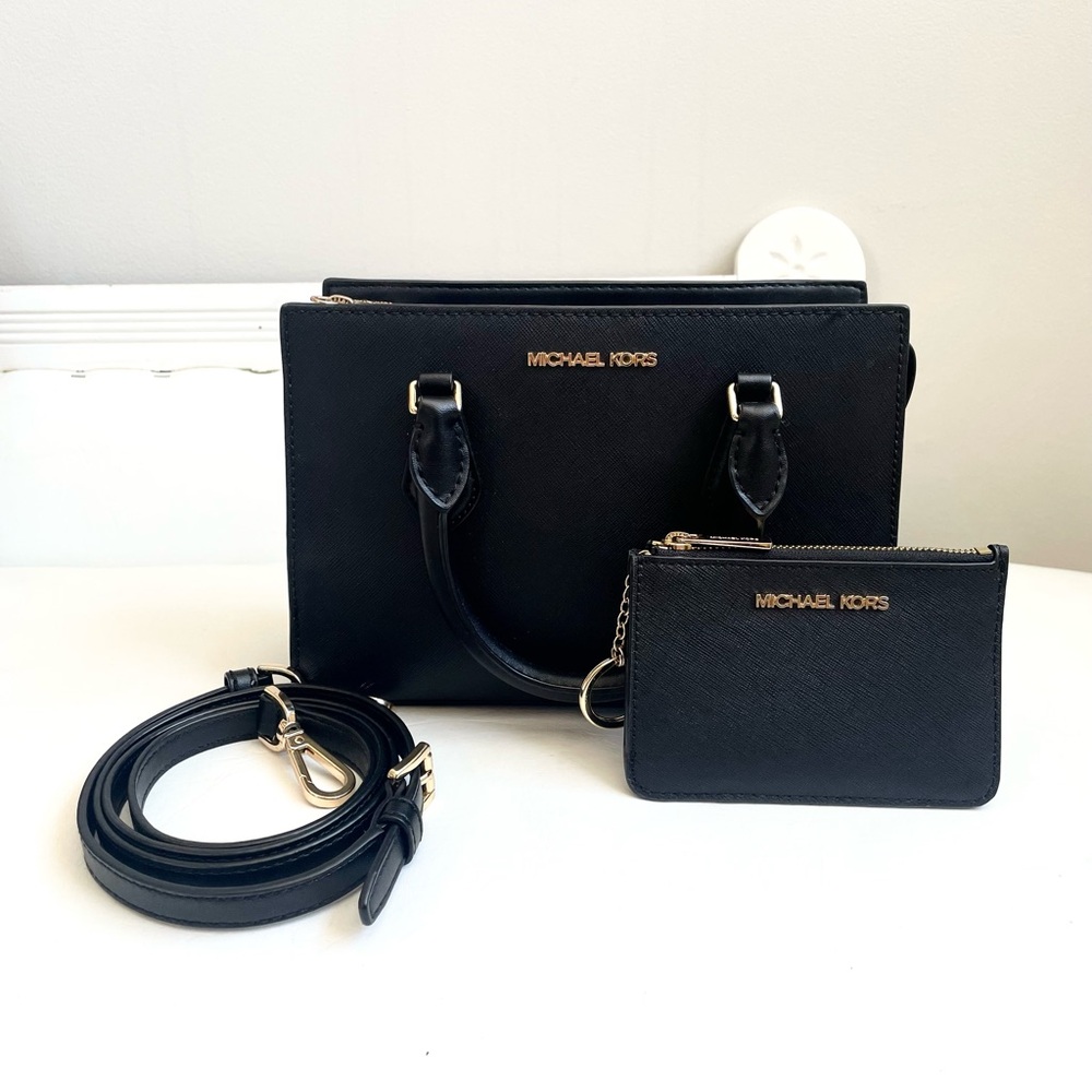 MICHAEL KORS BLACK SHEILA SAFFIANO MINI TOTE SHOULDER STRAP WALLET GOLD HARDWARE